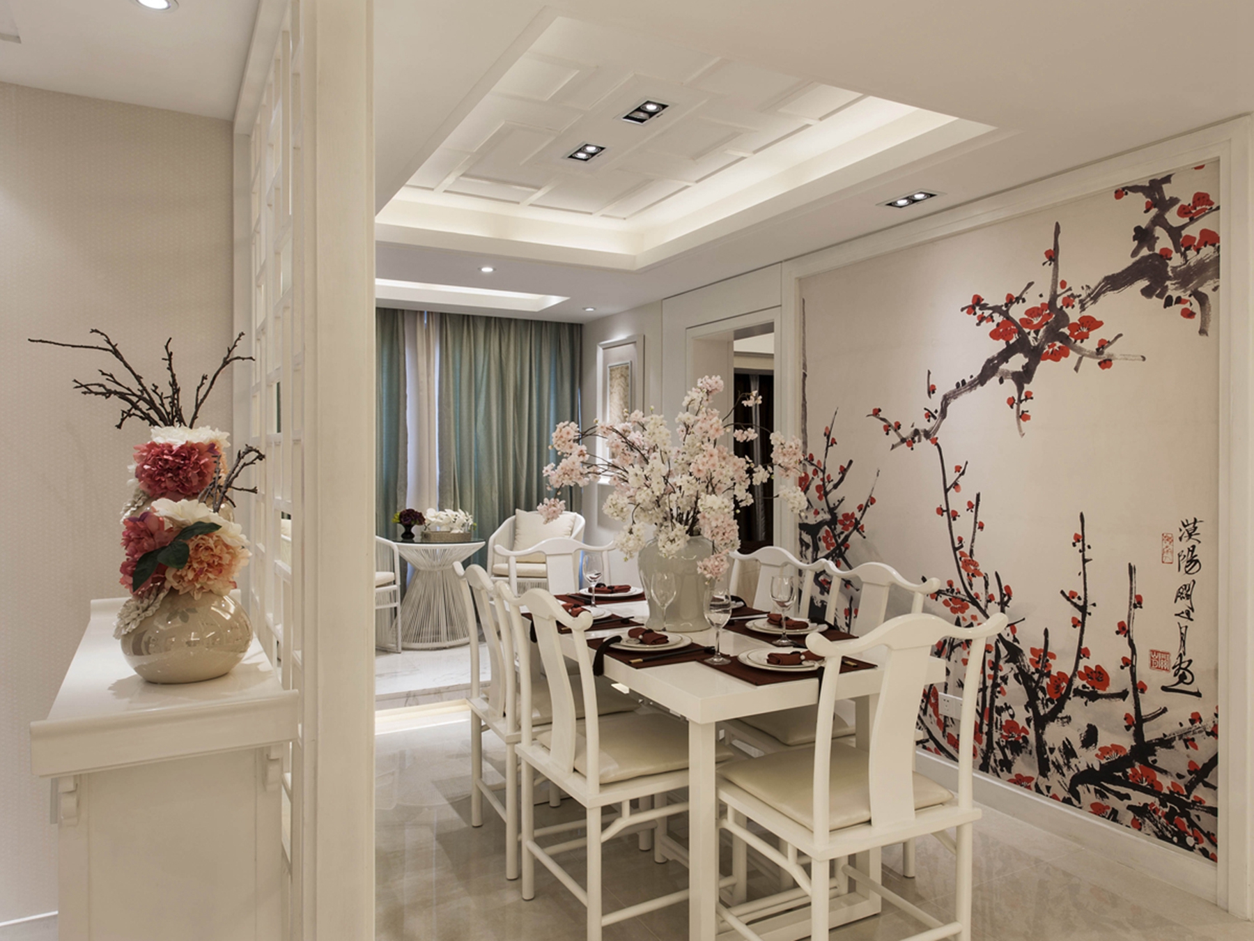 160㎡中式风格客厅装修效果图，梅花代表着坚强的品格。